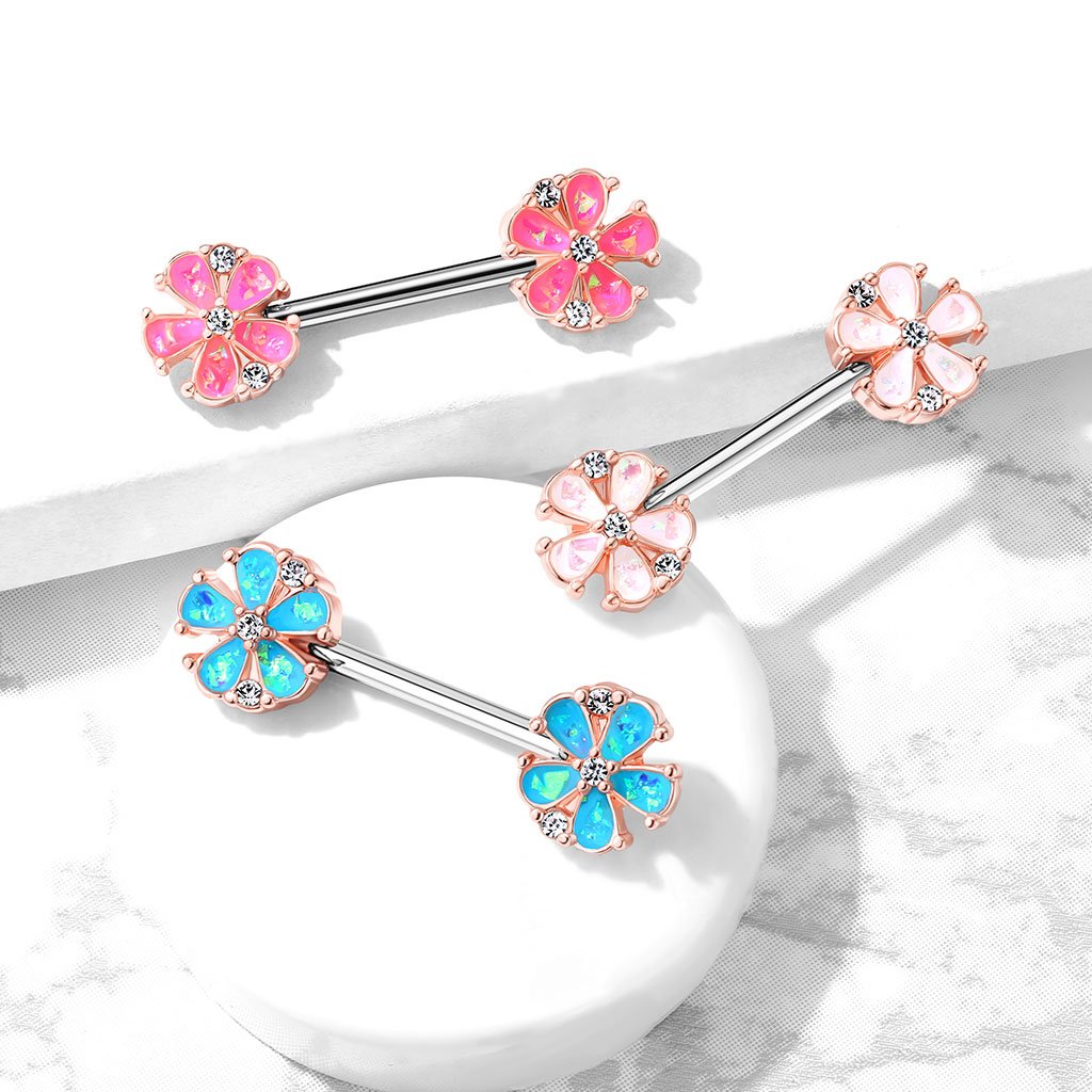 14 Gauge Opal Flower Barbell Nipple Ring