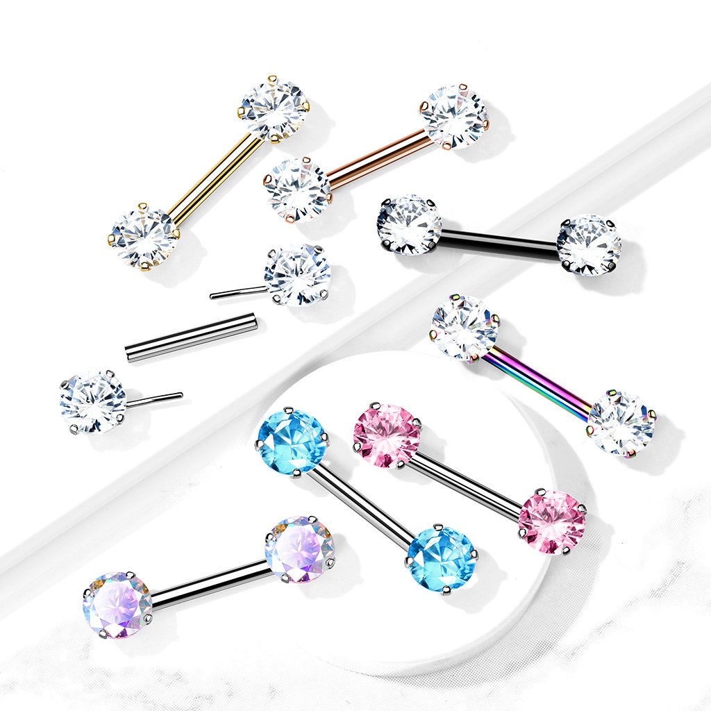 14 Gauge Prong Set Crystal Barbell Nipple Ring