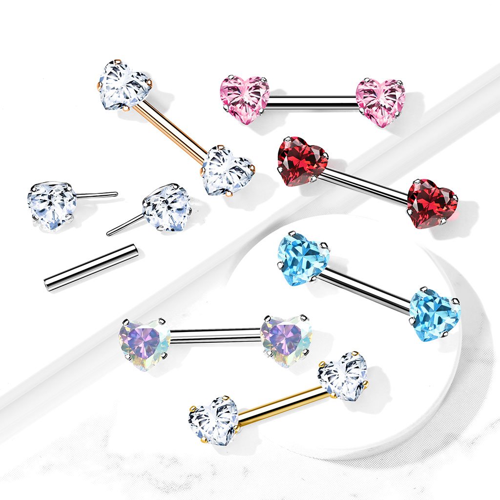 14 Gauge Prong Set Crystal Heart Barbell Nipple Ring