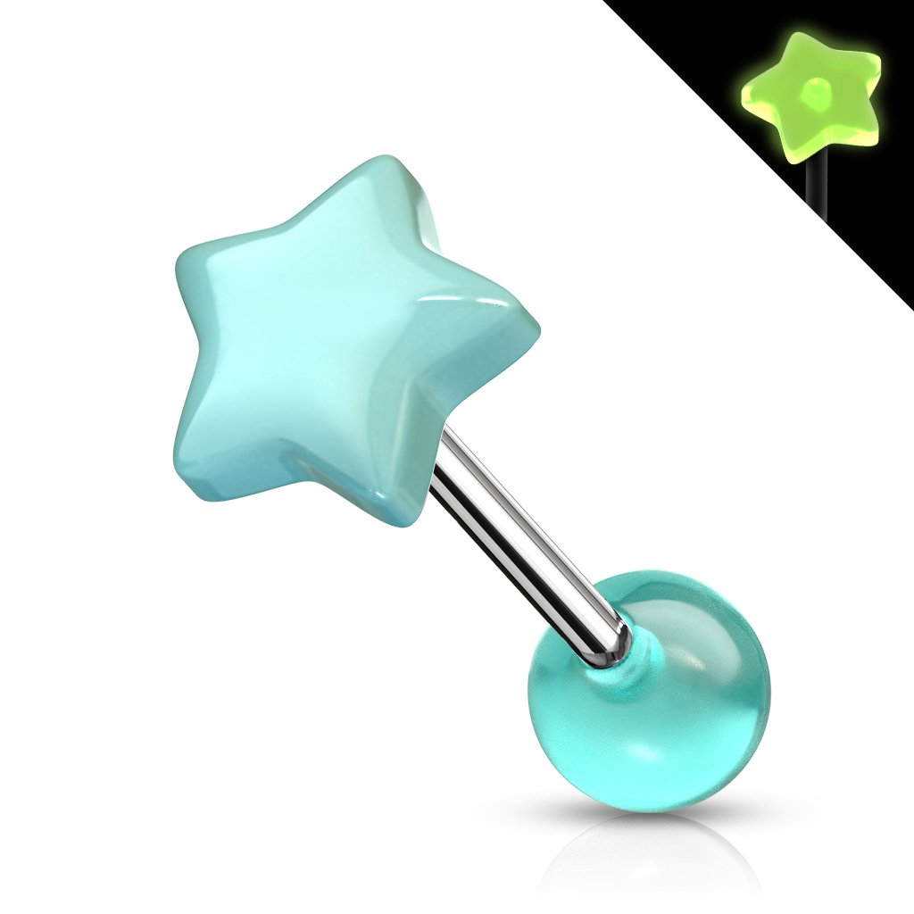 Cherry Diva Barbell Blue 14 Gauge Star Top Glow In the Dark Barbell