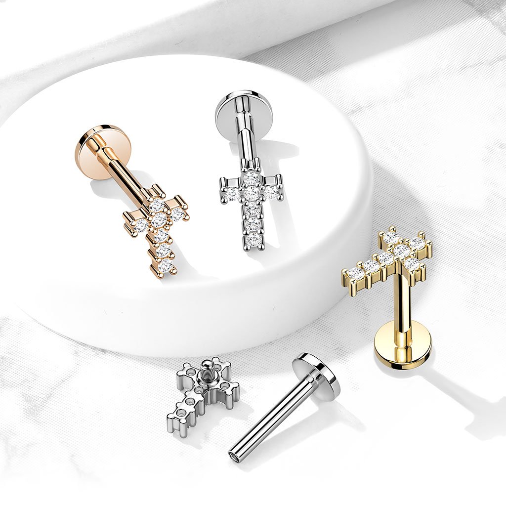 Cherry Diva Flat Back Stud 16 Gauge Internally Threaded Crystal Cross Flat Back Stud