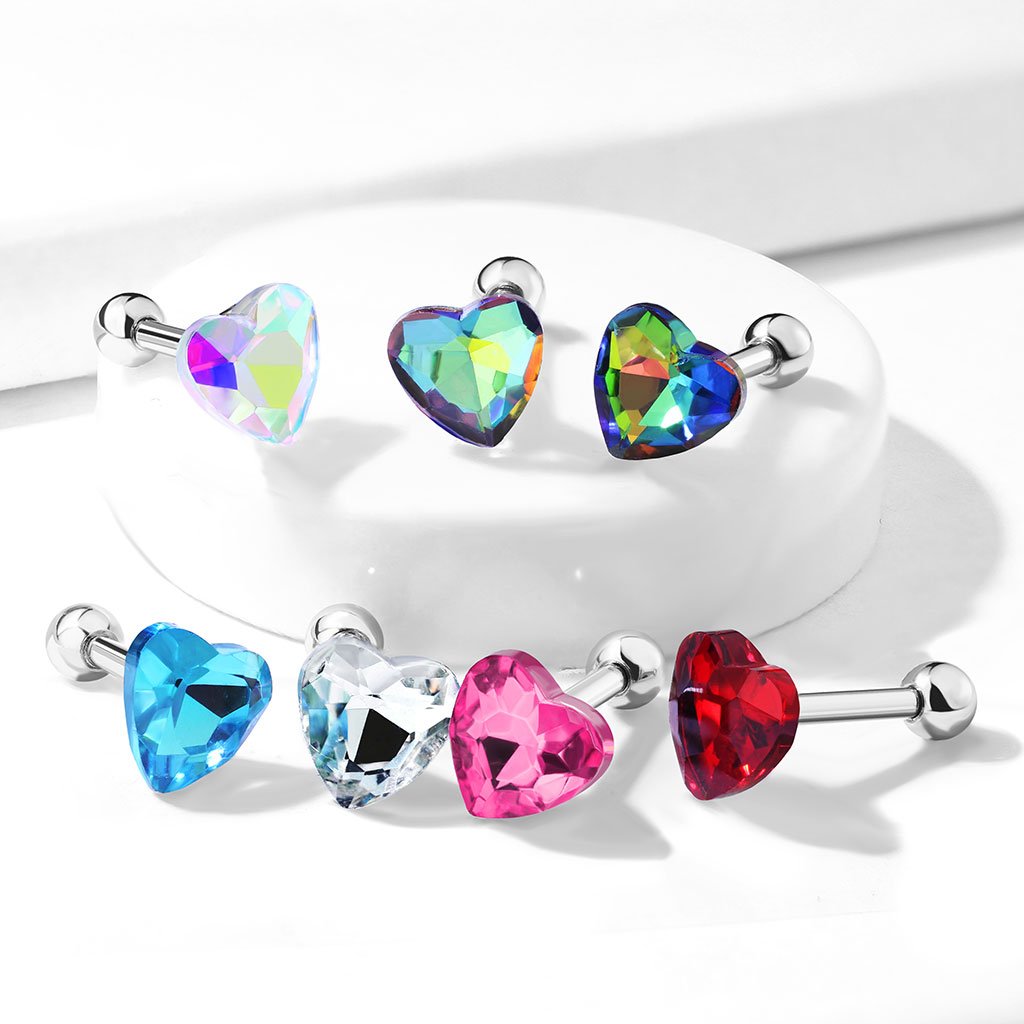 16 Gauge Crystal Heart Cartilage / Tragus Barbell Stud