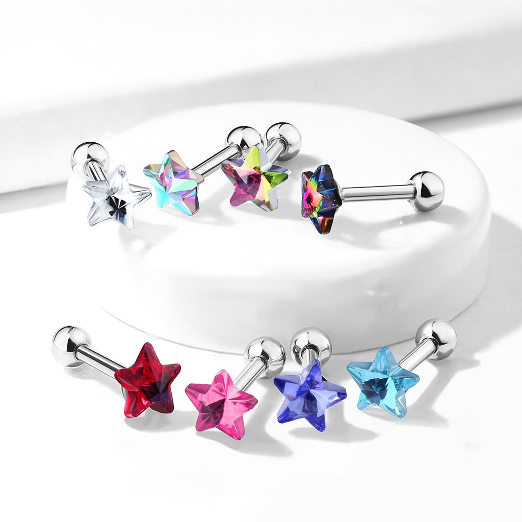 16 Gauge Crystal Star Cartilage / Tragus Barbell Stud