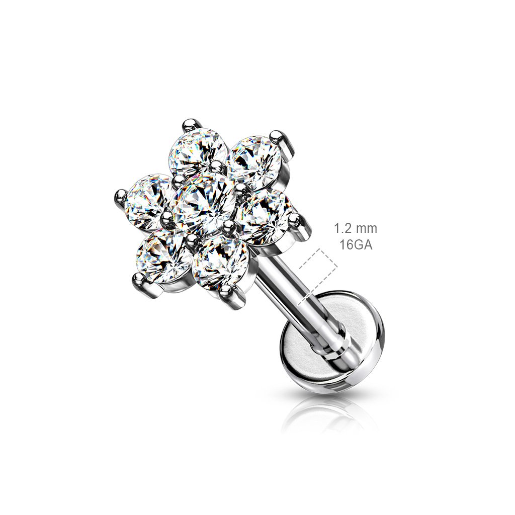 16 Gauge Flat Back Crystal Flower Cartilage / Tragus Barbell Stud