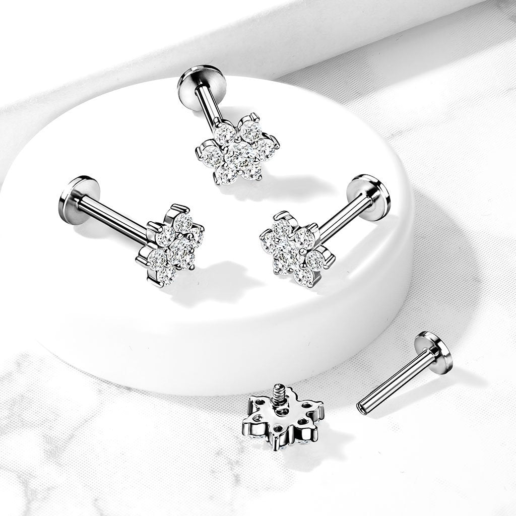 16 Gauge Flat Back Crystal Flower Cartilage / Tragus Barbell Stud