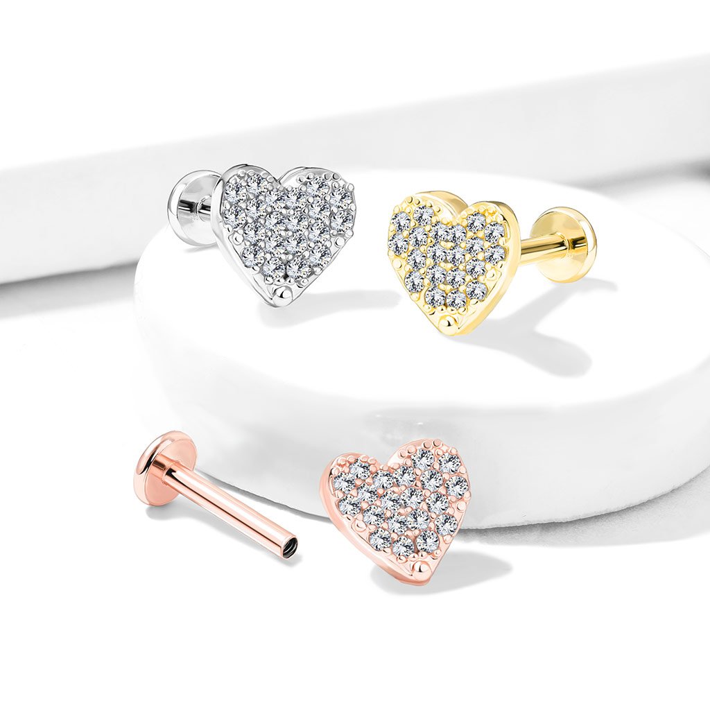 Cherry Diva Flat Back Stud 16 Gauge Flat Back Internally Threaded Crystal Heart Stud