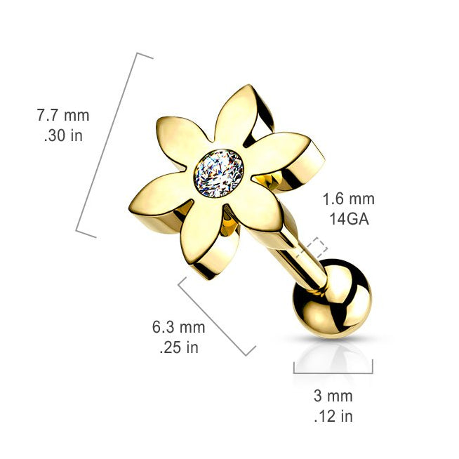 Cherry Diva Stud 16 Gauge Five Petal Crystal Flower Cartilage / Tragus Stud