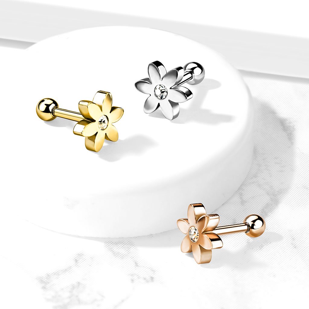 Cherry Diva Stud 16 Gauge Five Petal Crystal Flower Cartilage / Tragus Stud