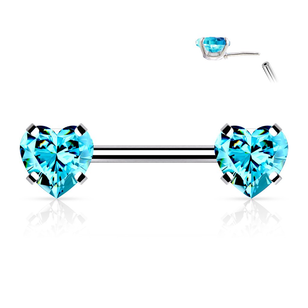 Cherry Diva Nipple Ring AQUA 14 Gauge Press Fit Crystal Heart Barbell Nipple Bar