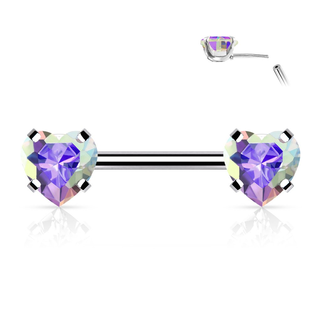 Cherry Diva Nipple Ring AURORA 14 Gauge Press Fit Crystal Heart Barbell Nipple Bar