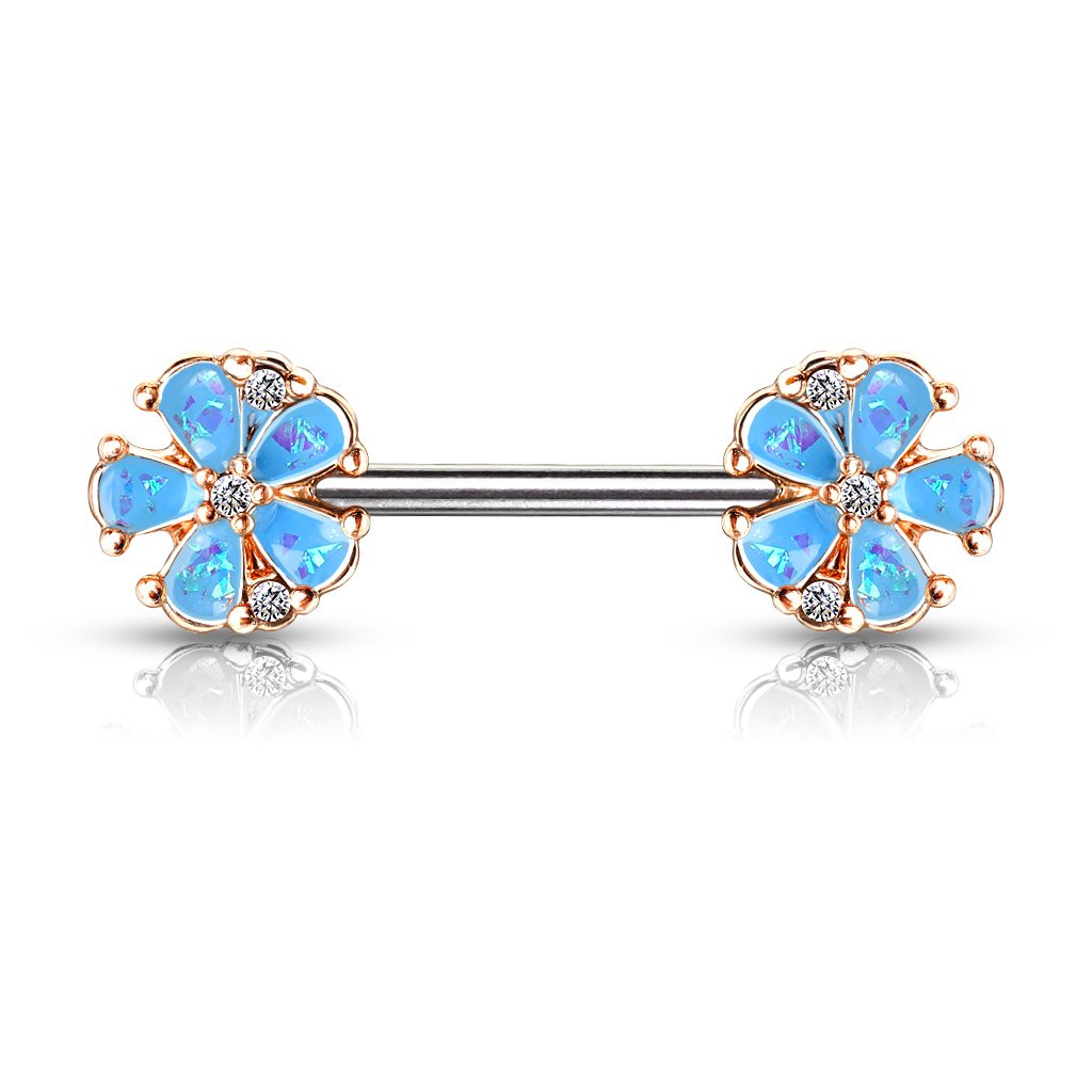 Cherry Diva Nipple Ring Blue 14 Gauge Opal Flower Barbell Nipple Ring