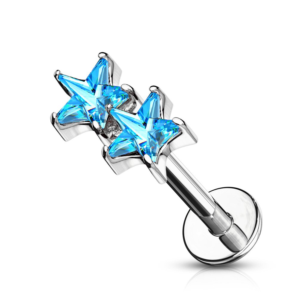 Cherry Diva Flat Back Stud Silver / Blue Crystal 16 Gauge Twin Crystal Star Flat Back Stud