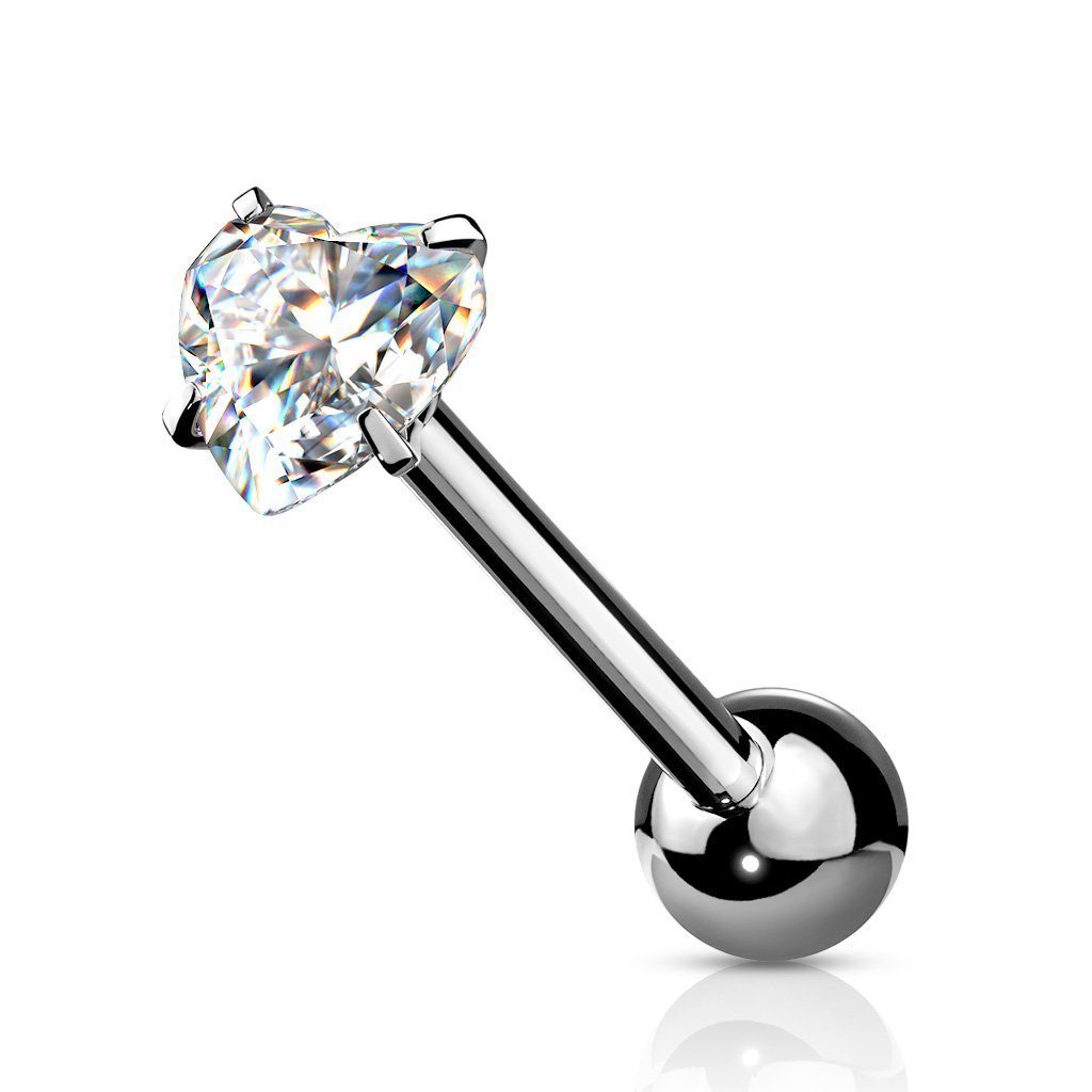 Cherry Diva Barbell Clear 14 Gauge Prong Set Crystal Heart Tongue Barbell