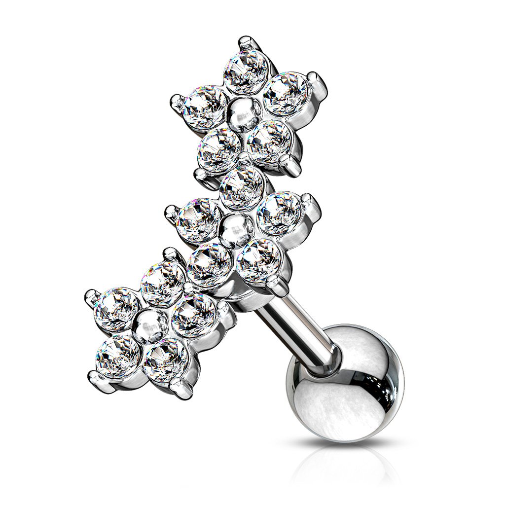 Cherry Diva Stud CLEAR 16 Gauge Triple Crystal Flower Cartilage / Tragus Stud