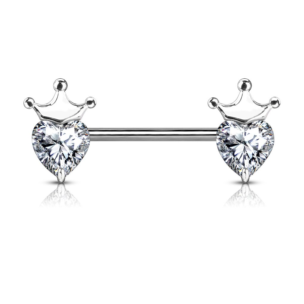 Crystal Crown & Heart Barbell Nipple Ring 