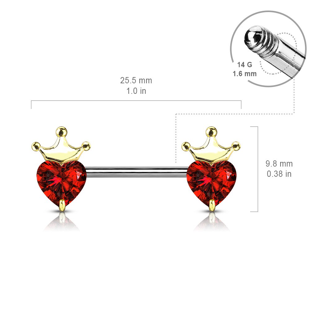 Crystal Crown & Heart Barbell Nipple Ring 