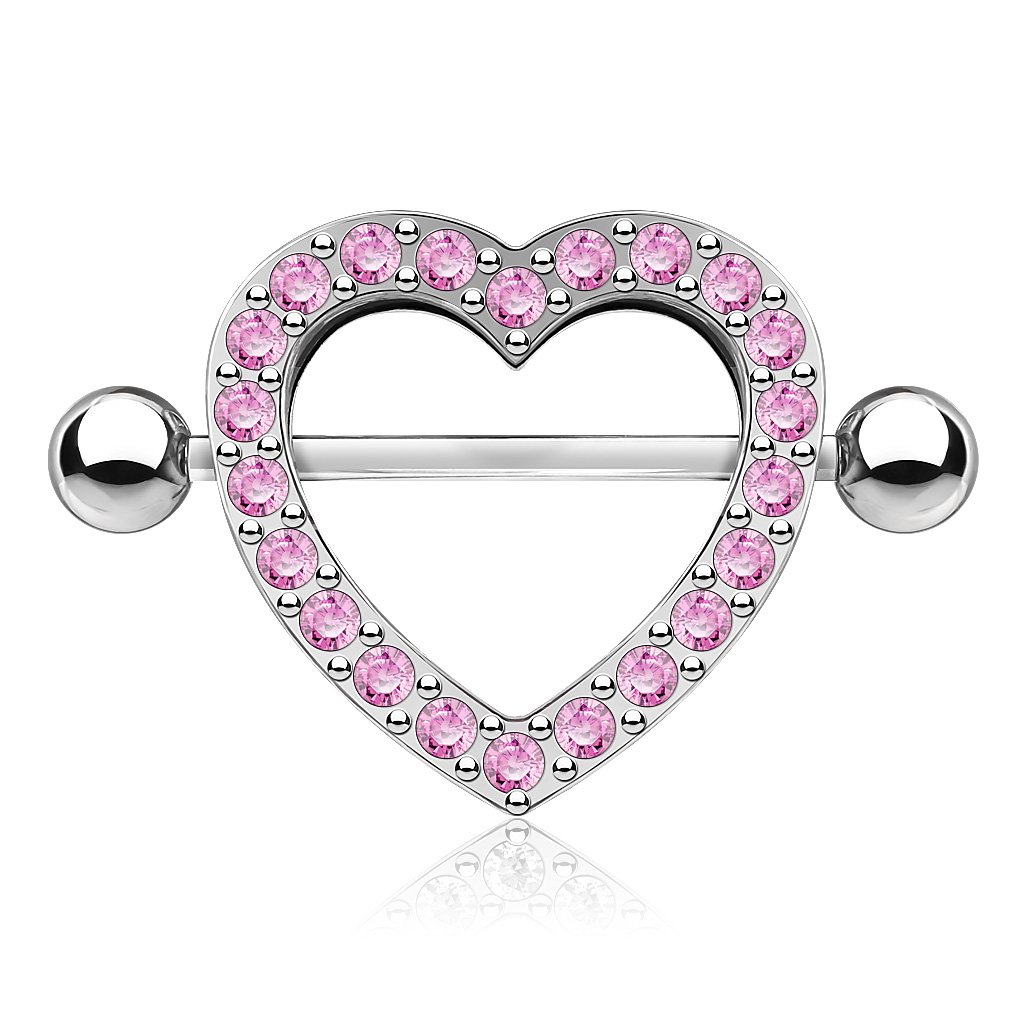 Cherry Diva Nipple Ring 14 Gauge Crystal Heart Barbell Nipple Shield - Pink