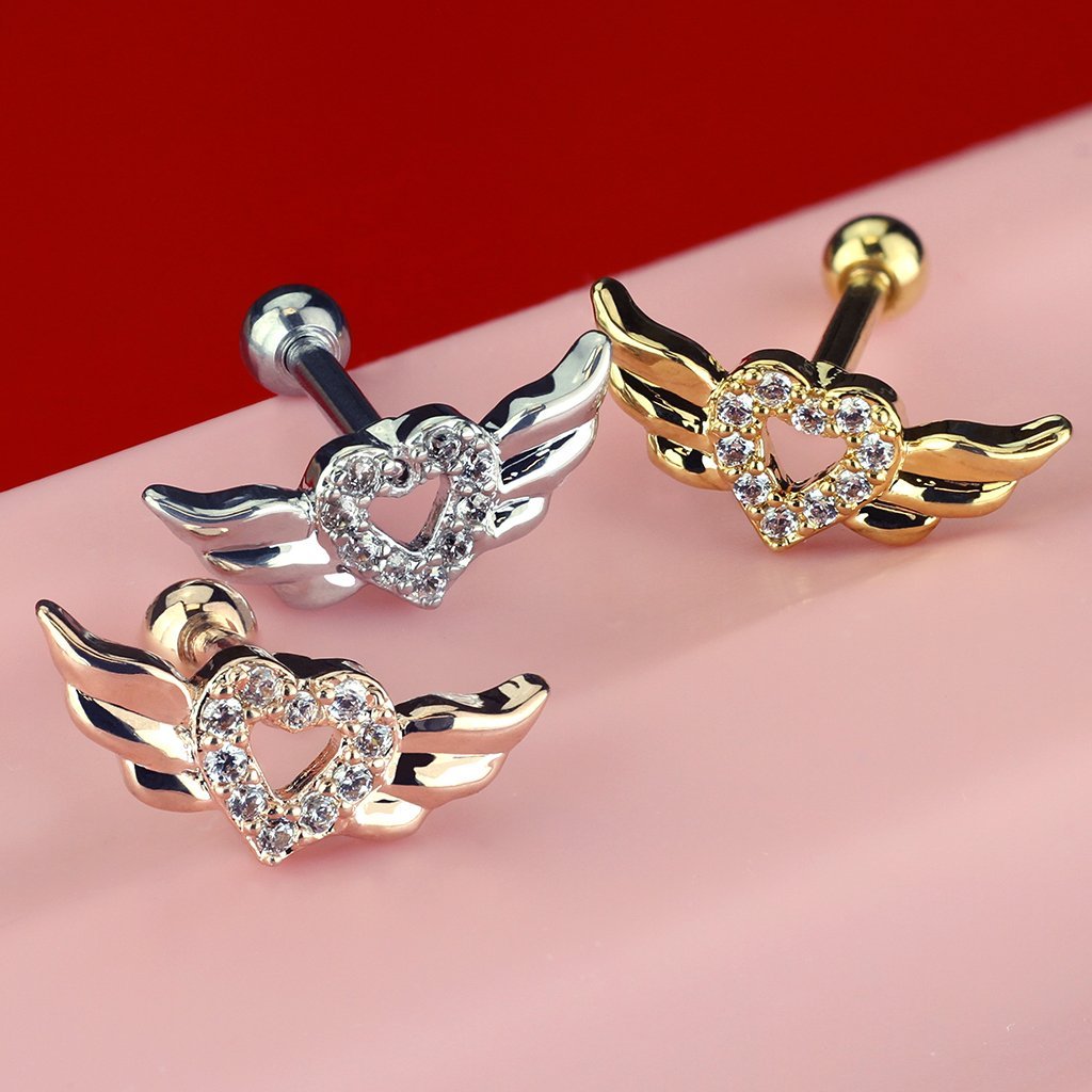 Crystal Heart & Wings Cartilage / Tragus Barbell Stud 