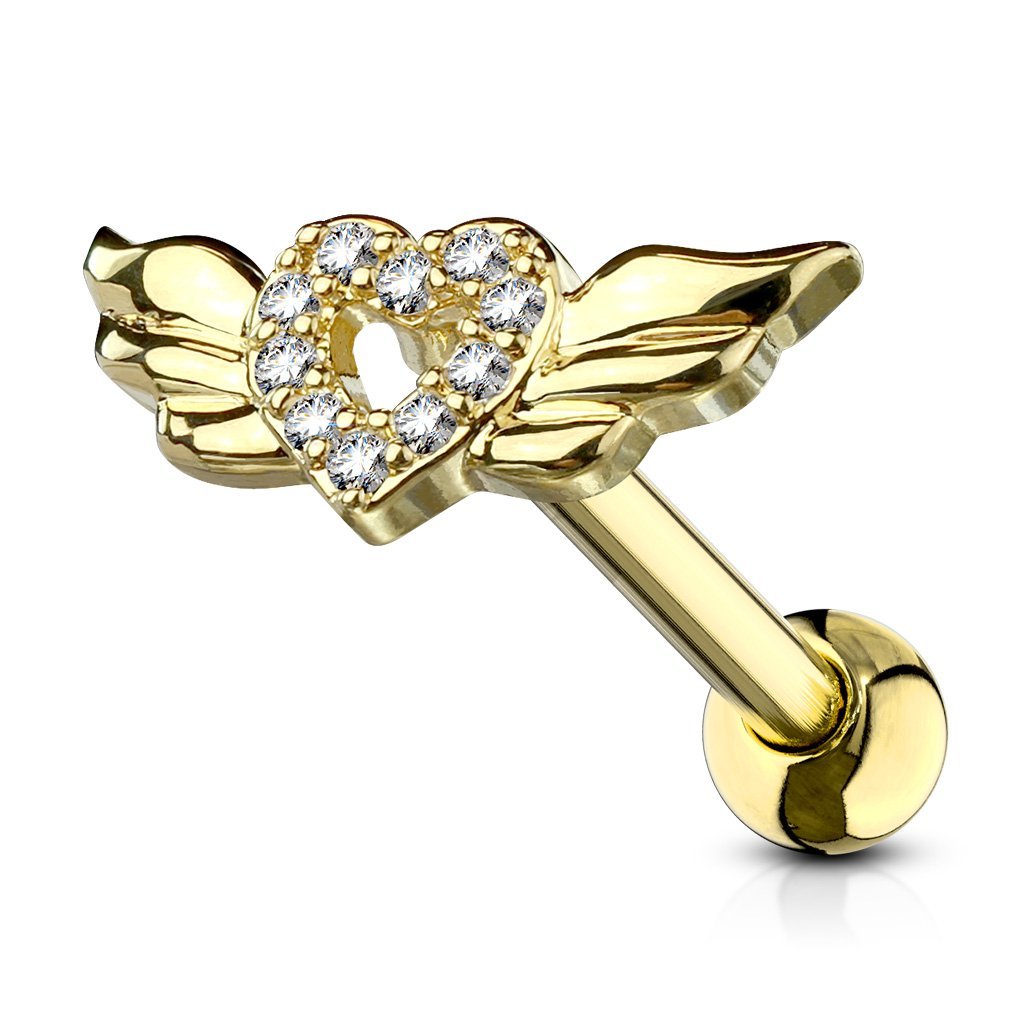 Cherry Diva Stud GOLD 16 Gauge Crystal Heart & Wings Cartilage / Tragus Stud
