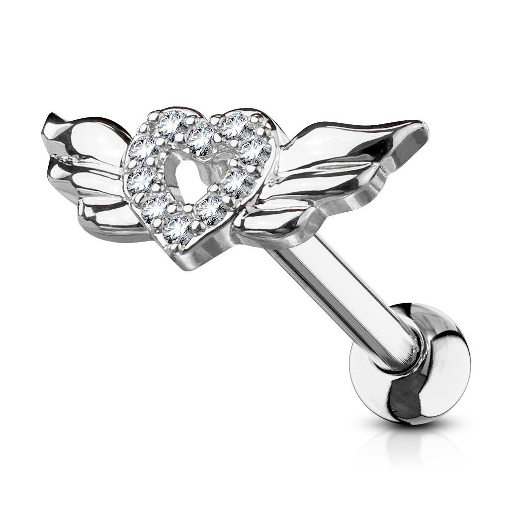 Crystal Heart & Wings Cartilage / Tragus Barbell Stud