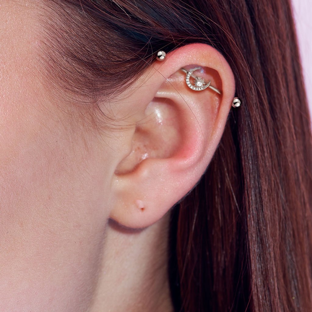 Cherry Diva Barbell 14 Gauge Crystal Moon Industrial Barbell - Silver