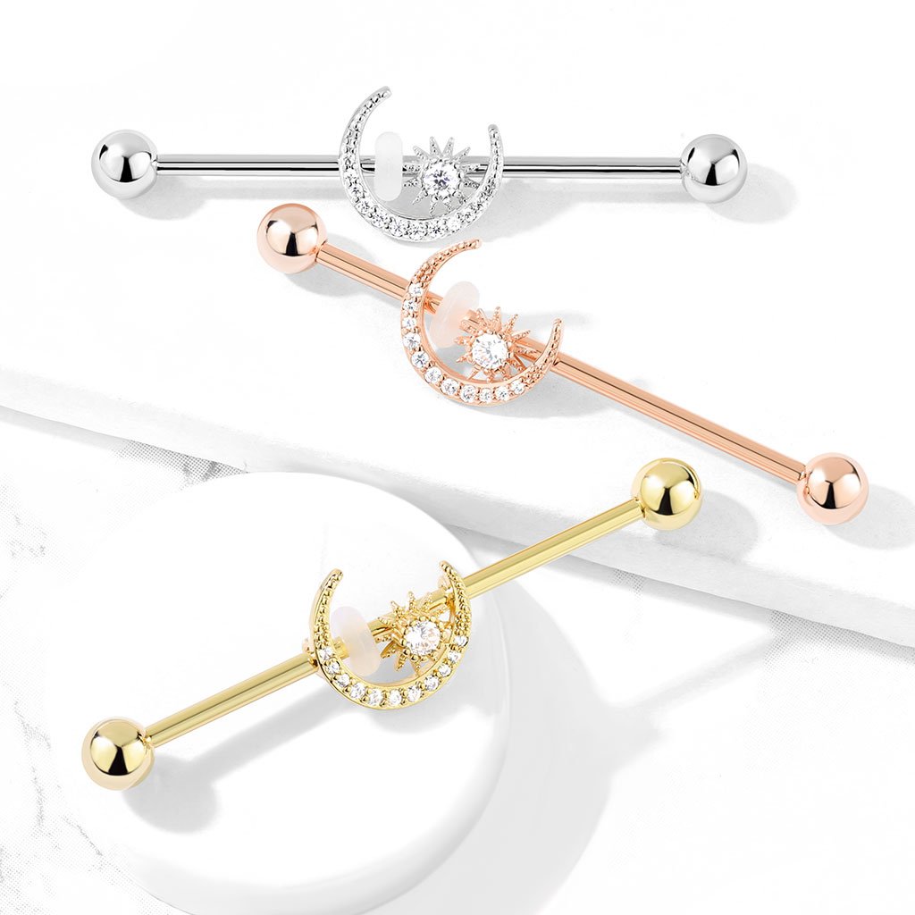 Cherry Diva Barbell 14 Gauge Crystal Moon Industrial Barbell - Silver