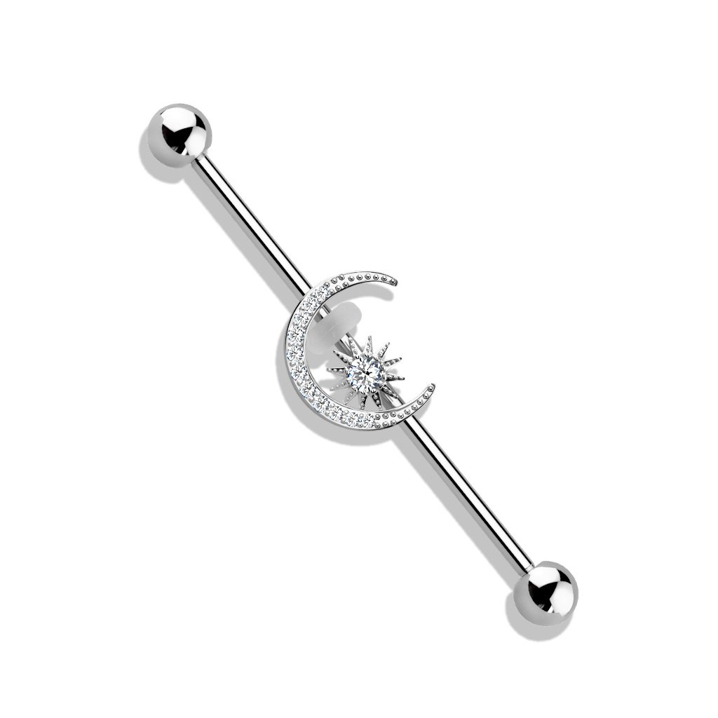 Cherry Diva Barbell 14 Gauge Crystal Moon Industrial Barbell - Silver