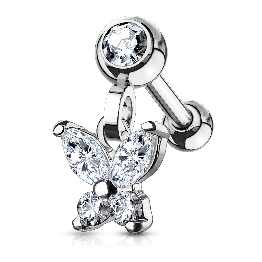 Cherry Diva Stud Silver 16 Gauge Dangling Butterfly Cartilage / Tragus Stud
