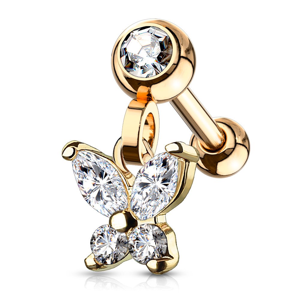 Cherry Diva Stud Rose Gold 16 Gauge Dangling Butterfly Cartilage / Tragus Stud