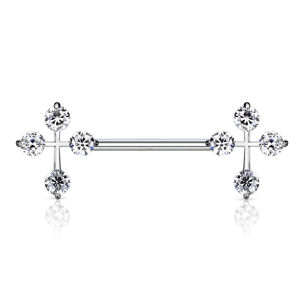 14 Gauge Double Crystal Cross Nipple Bar