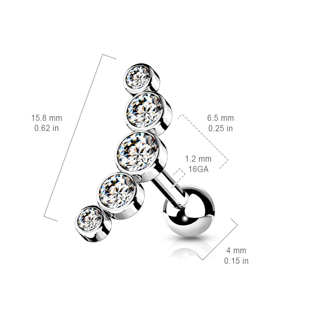 Cherry Diva Stud 16 Gauge Five Gem Curved Cartilage Stud