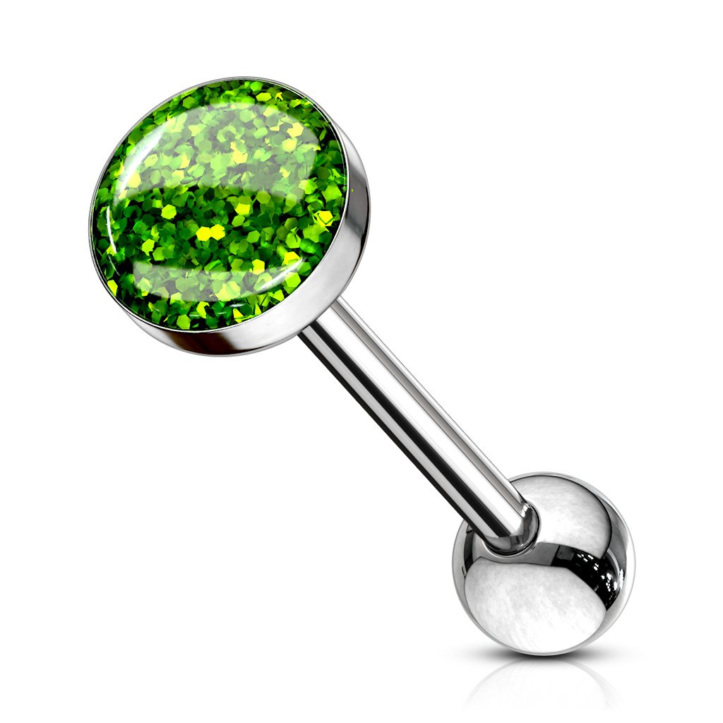 14 Gauge Glitter Top Tongue Barbell Green