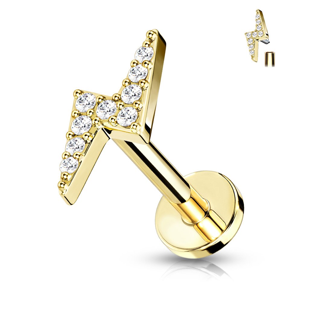 Cherry Diva Barbell Gold - 6MM 16 Gauge Crystal Lightning Bolt Cartilage / Tragus Stud