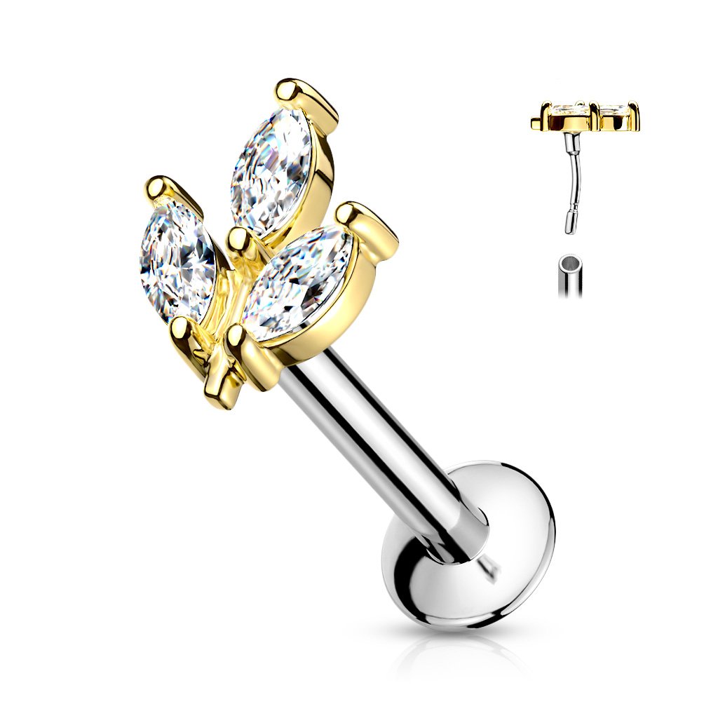 Cherry Diva Flat Back Stud GOLD 16 Gauge Flat Back Dainty Push Fit Marquise Flower Stud