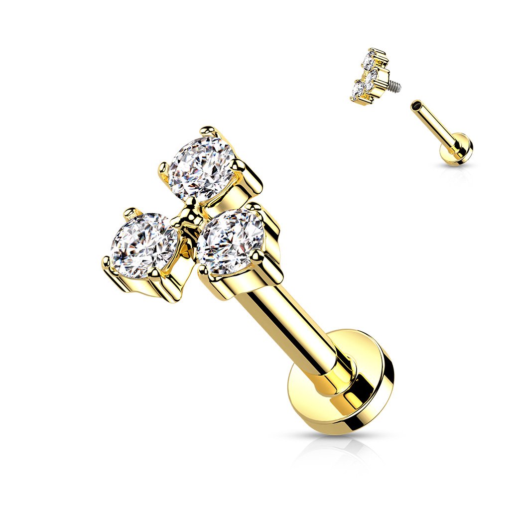 Cherry Diva Flat Back Stud Gold 16 Gauge Flat Back Internally Threaded Triple Gem Stud
