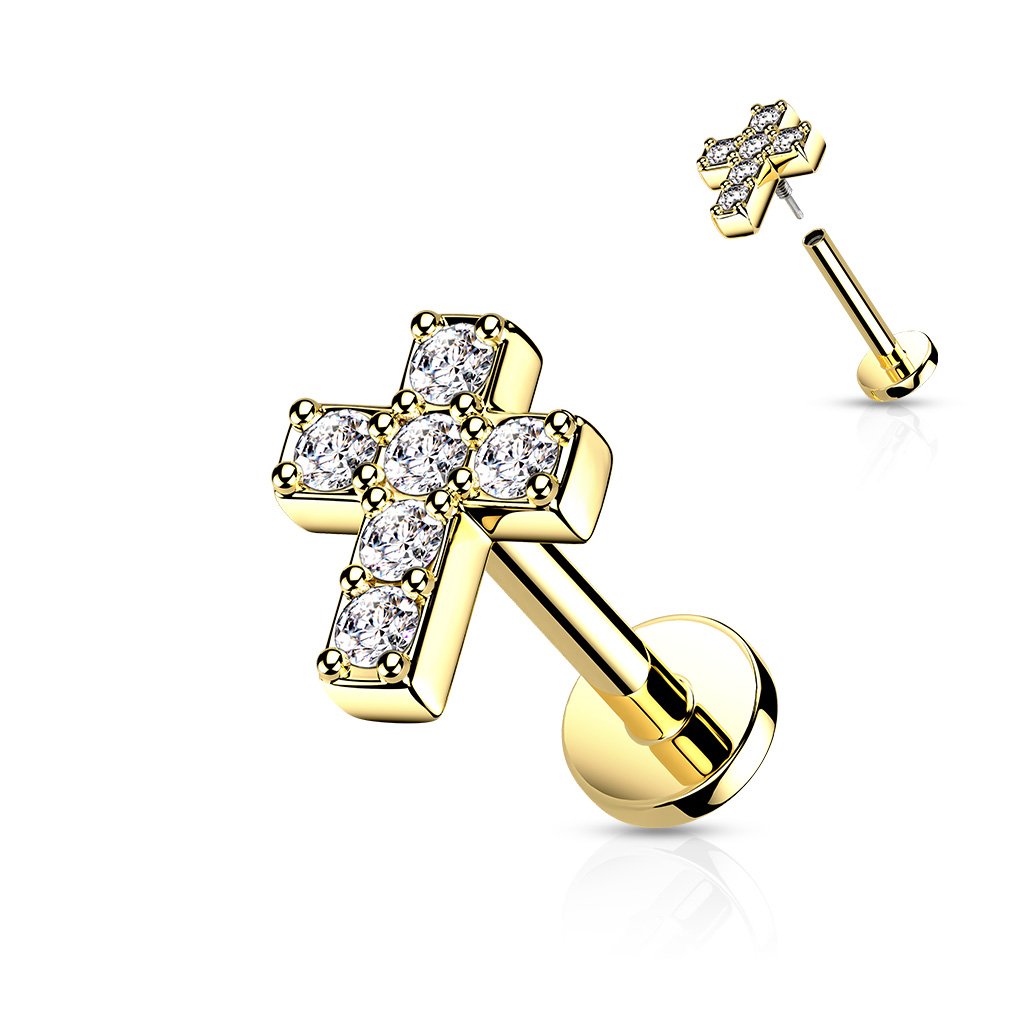 16 Gauge Internally Threaded Cross Cartilage Tragus Stud Gold