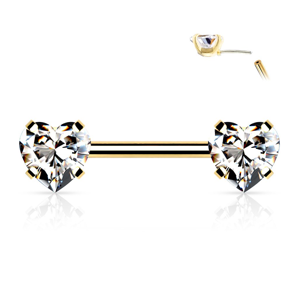 Cherry Diva Nipple Ring GOLD 14 Gauge Press Fit Crystal Heart Barbell Nipple Bar