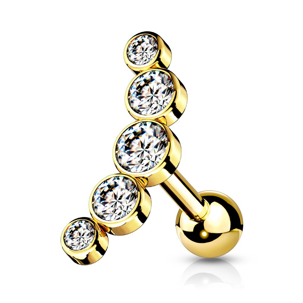 Cherry Diva Stud Gold / Clear Crystal 16 Gauge Five Gem Curved Cartilage Stud