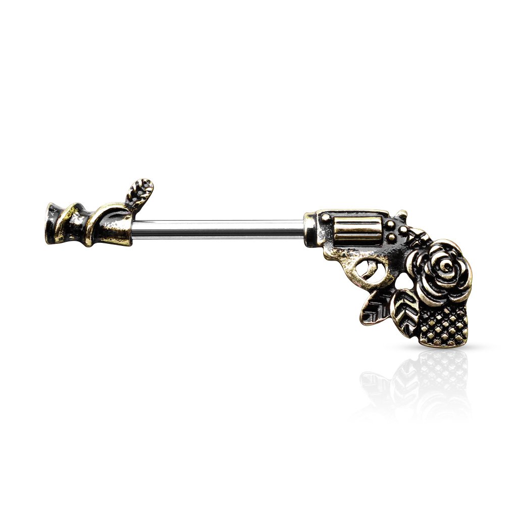 Cherry Diva Barbell Gold 14 Gauge Rose & Revolver Nipple Ring