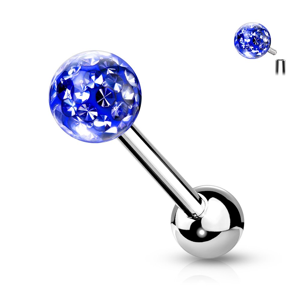 14 Gauge Internally Threaded Glitter Ball Tongue Barbell Blue