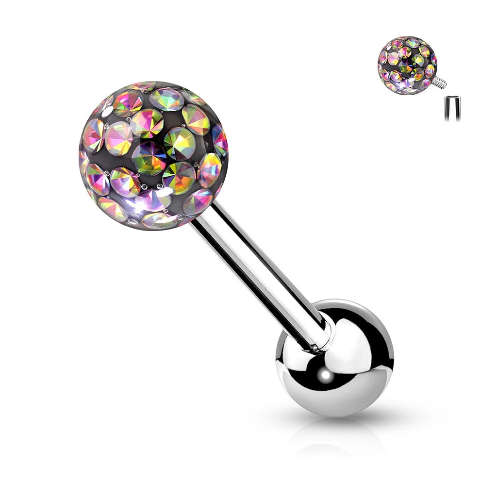 14 Gauge Internally Threaded Glitter Ball Tongue Barbell Rainbow