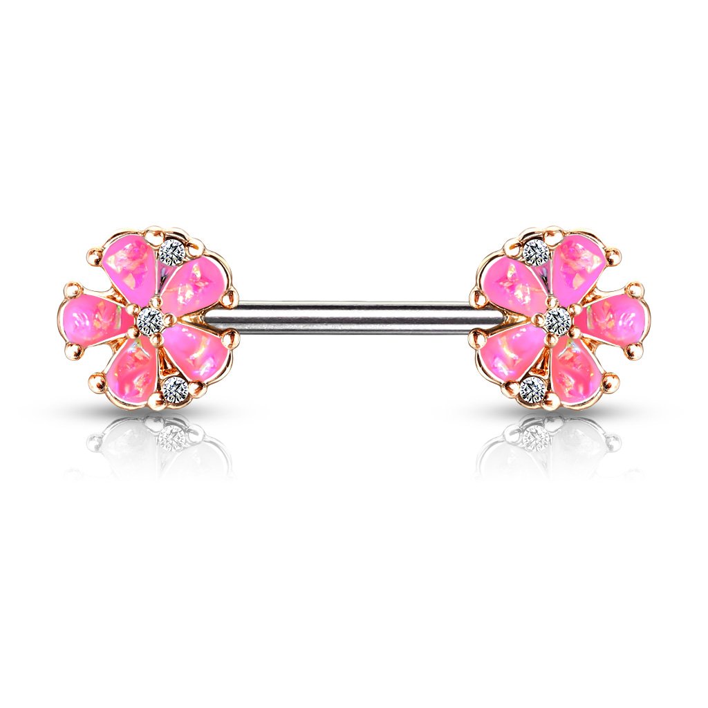 Cherry Diva Nipple Ring Pink 14 Gauge Opal Flower Barbell Nipple Ring