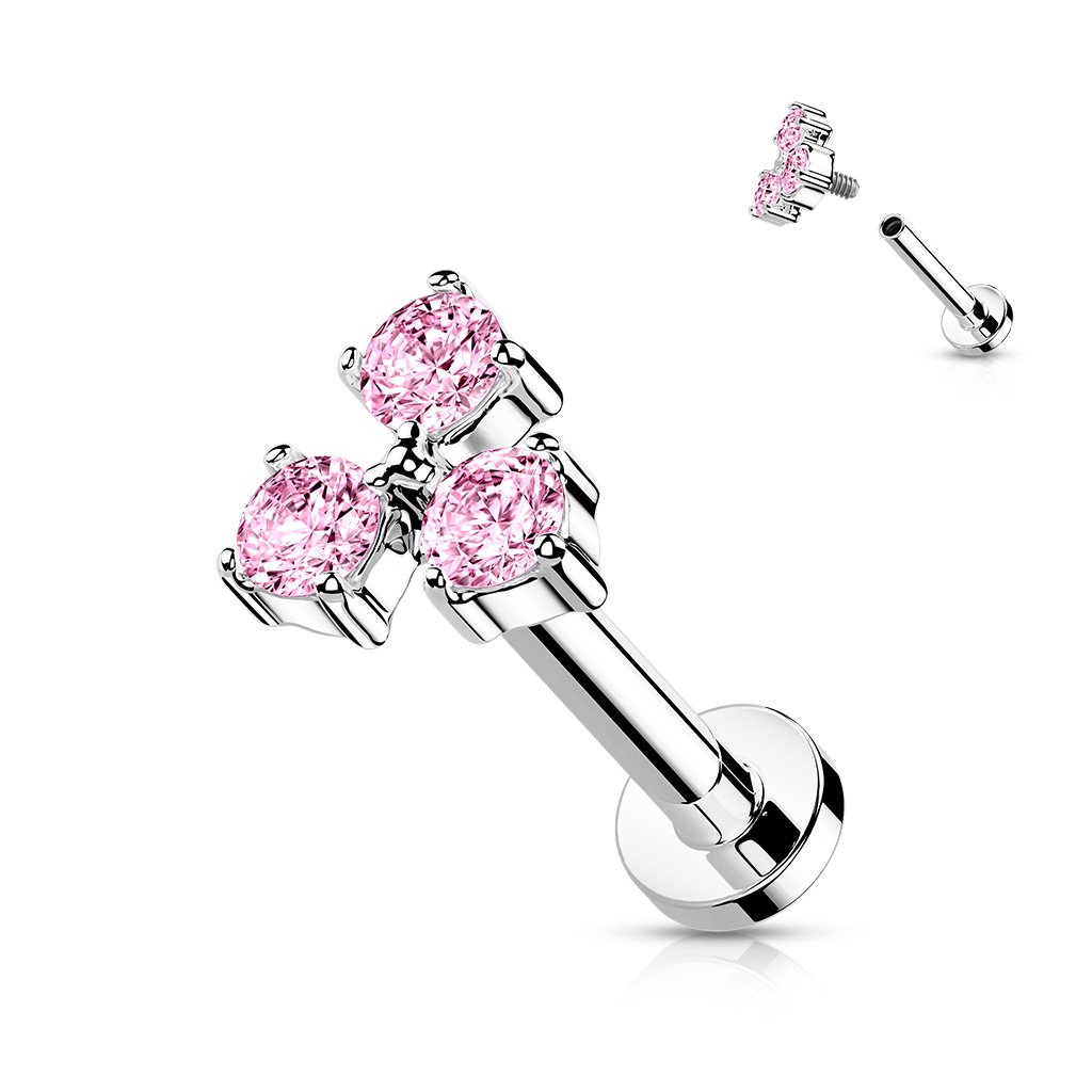 Cherry Diva Flat Back Stud Pink 16 Gauge Flat Back Internally Threaded Triple Gem Stud