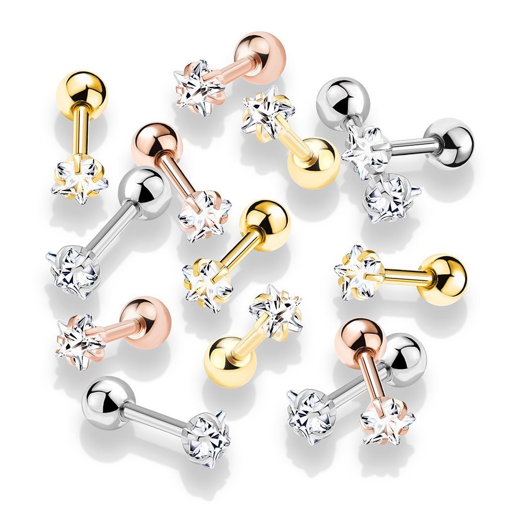 Prong Set Crystal Star Cartilage / Tragus Barbell Stud