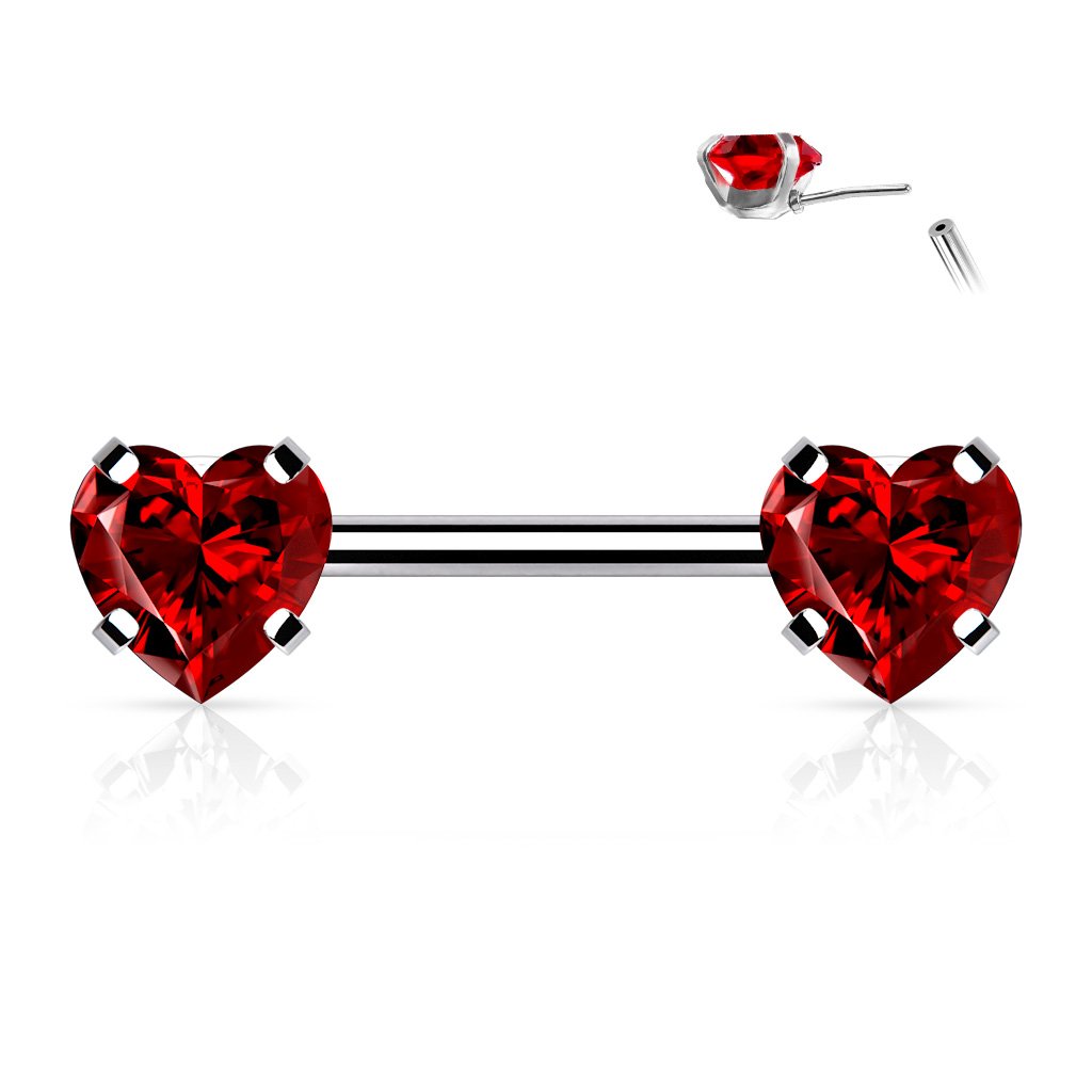 Cherry Diva Nipple Ring RED 14 Gauge Press Fit Crystal Heart Barbell Nipple Bar