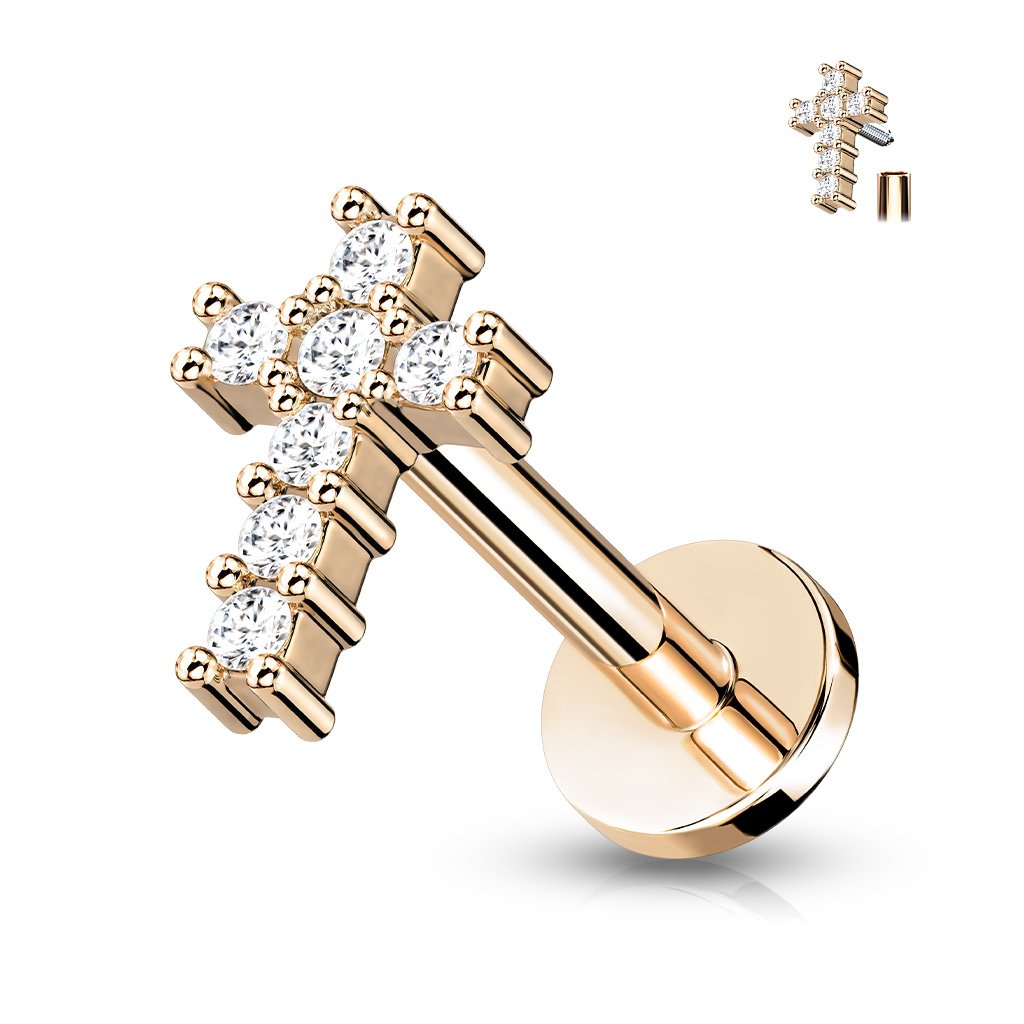 Cherry Diva Flat Back Stud Rose Gold 16 Gauge Internally Threaded Crystal Cross Flat Back Stud