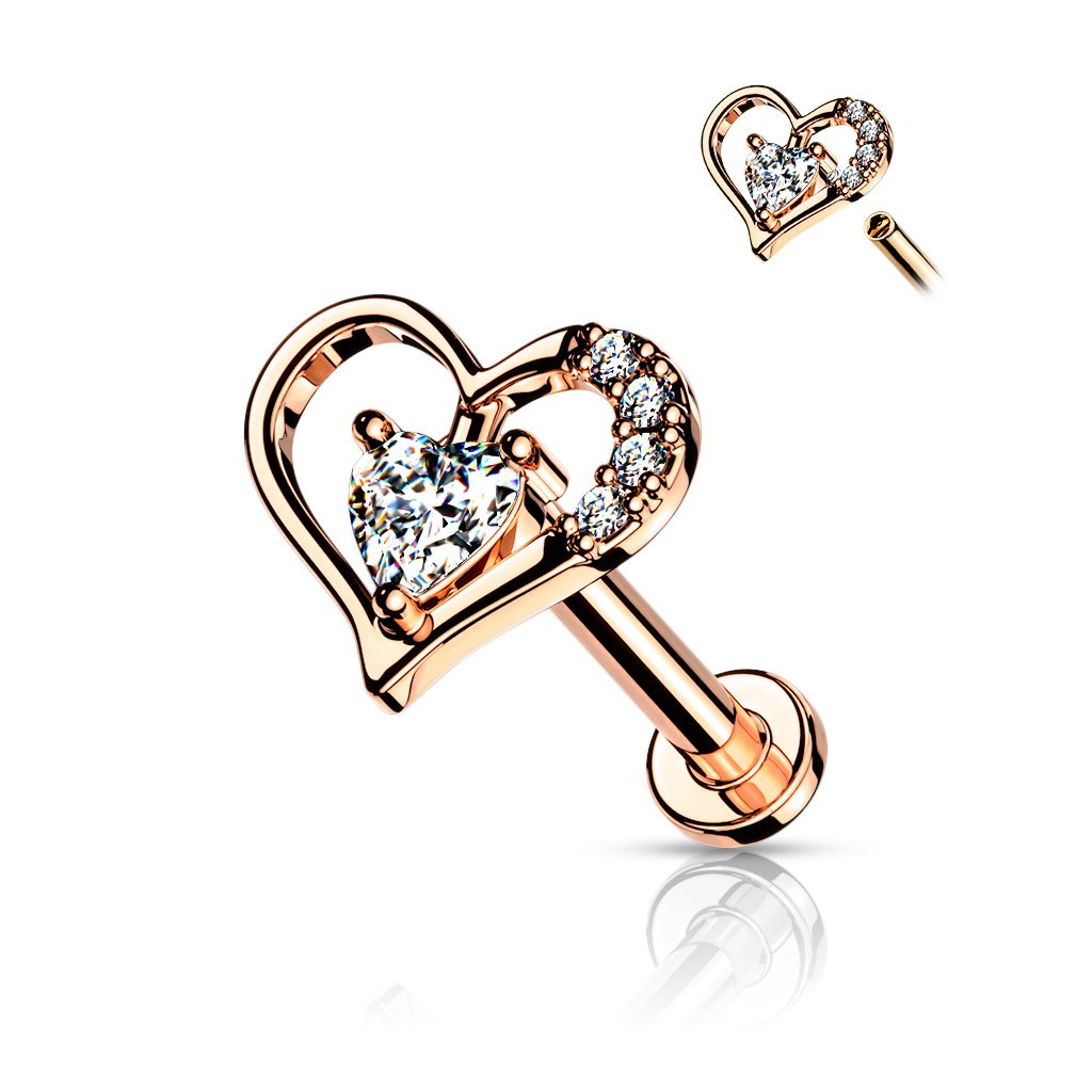Cherry Diva Flat Back Stud Rose Gold - 8MM 16 Gauge Internally Threaded Flat Back Crystal Heart Stud