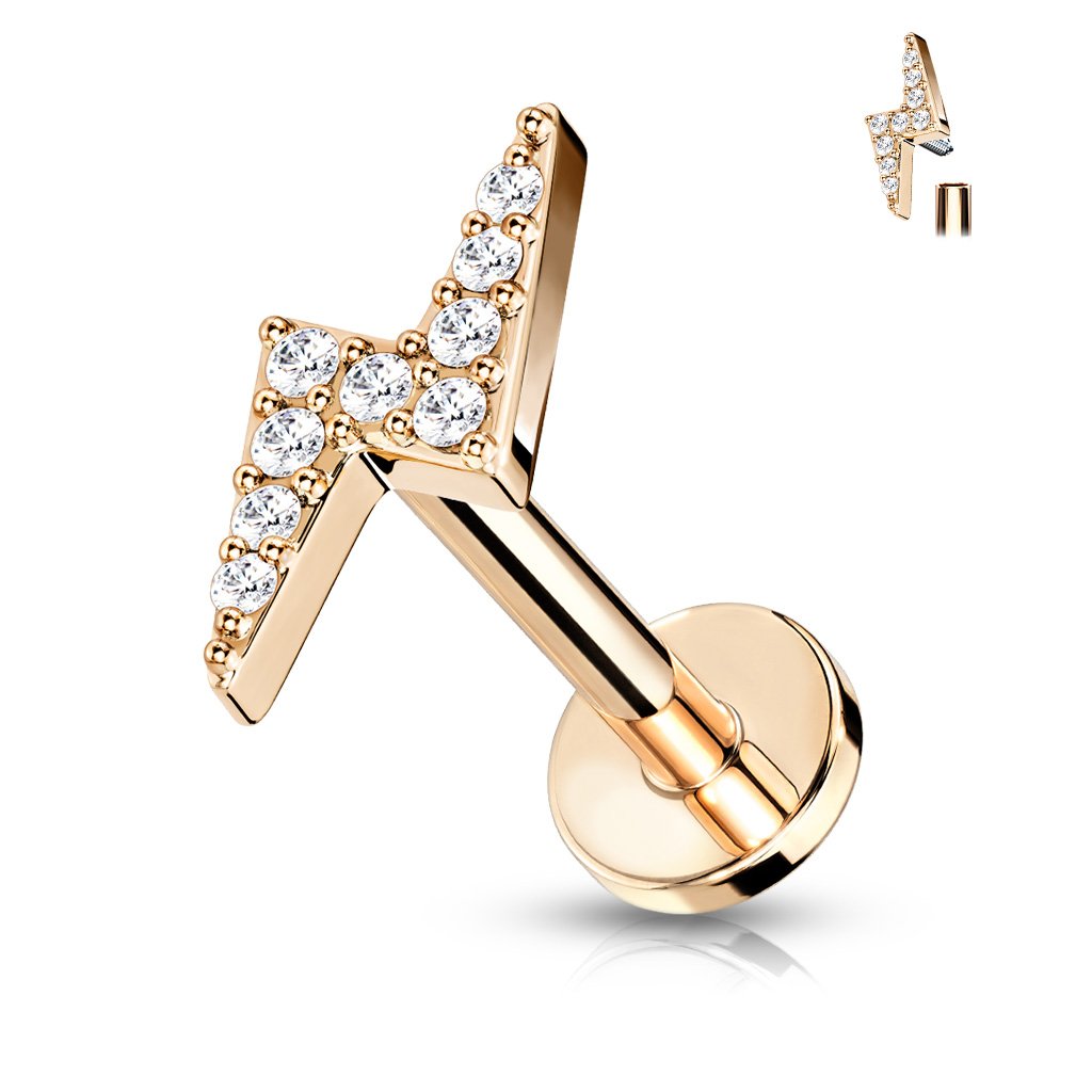 Cherry Diva Barbell Rose Gold - 6MM 16 Gauge Crystal Lightning Bolt Cartilage / Tragus Stud