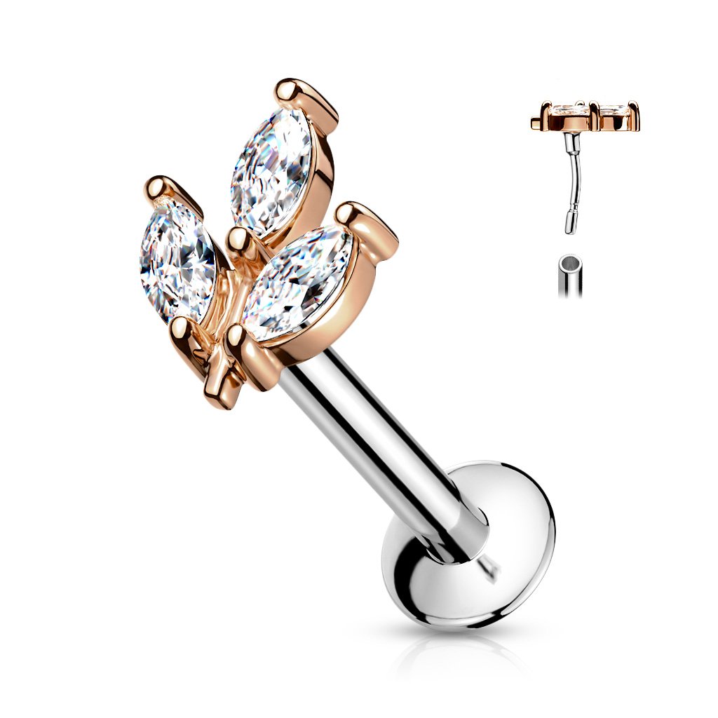 Cherry Diva Flat Back Stud ROSE GOLD 16 Gauge Flat Back Dainty Push Fit Marquise Flower Stud