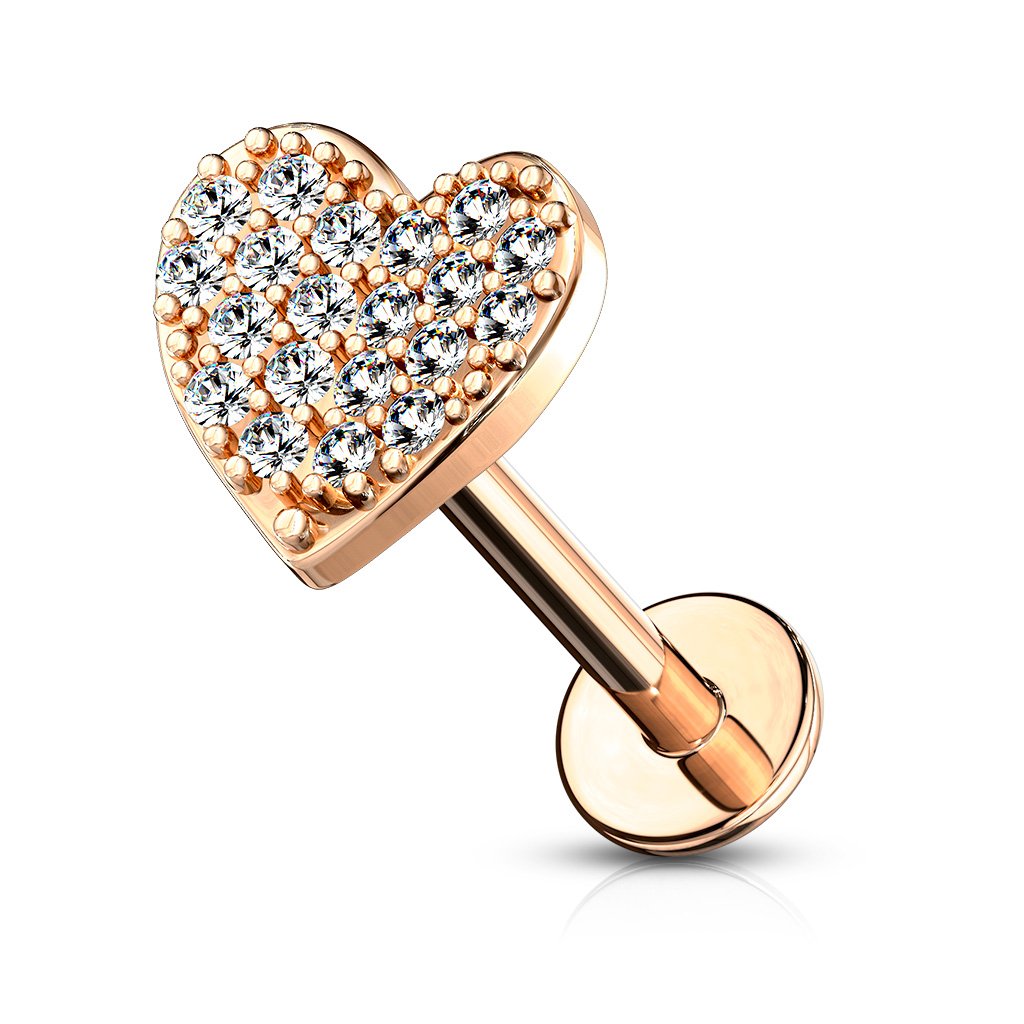 Cherry Diva Flat Back Stud ROSE GOLD 16 Gauge Flat Back Internally Threaded Crystal Heart Stud